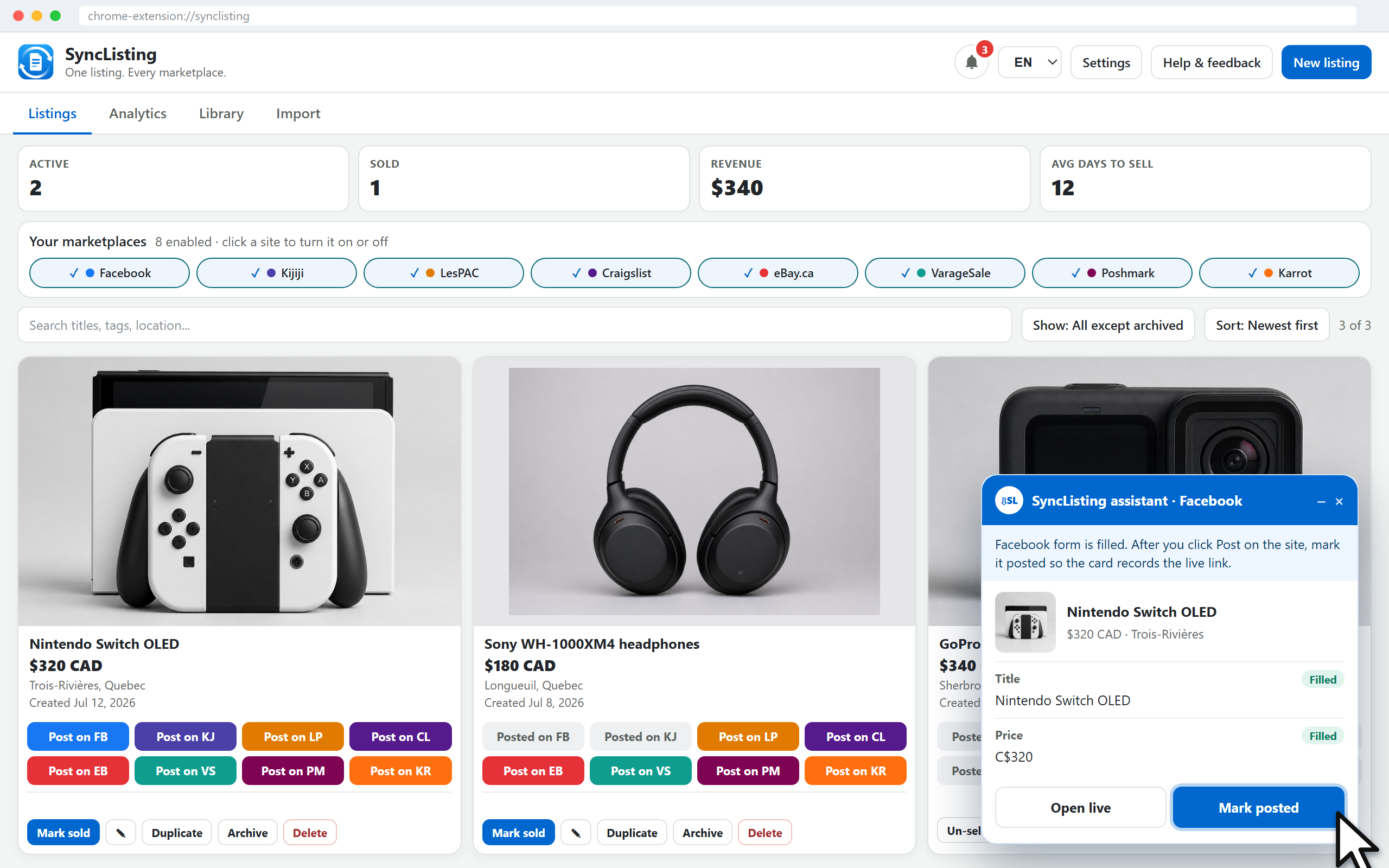 SyncListing sold and De-list tools on a listing card